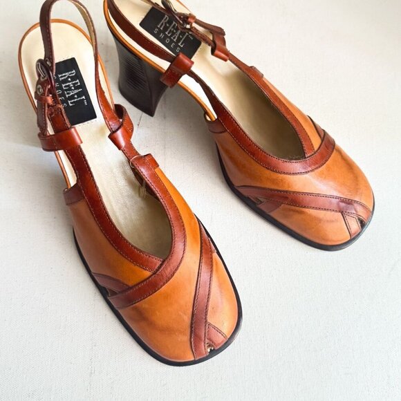 Vintage y2k REAL Shoes Square Toe Block Heel Leather Slingbacks 7 - Picture 1 of 12